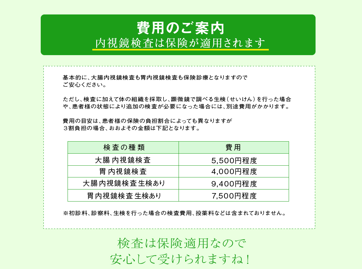 費用のご案内、内視鏡検査は保険適用です。